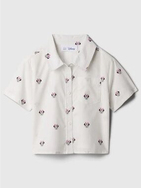 Disney White Short-Sleeve Button-Down Shirt with Pink Minnie Print